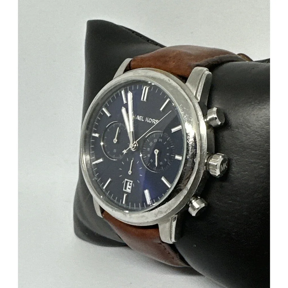Michael Kors MK8429 Men Brown Leather Strap Analog Blue Dial Quartz Watch HME553
